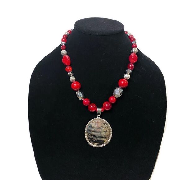 JULES B Silver-Tone Pendant and Red Acrylic Beaded Necklace - Picture 1 of 6